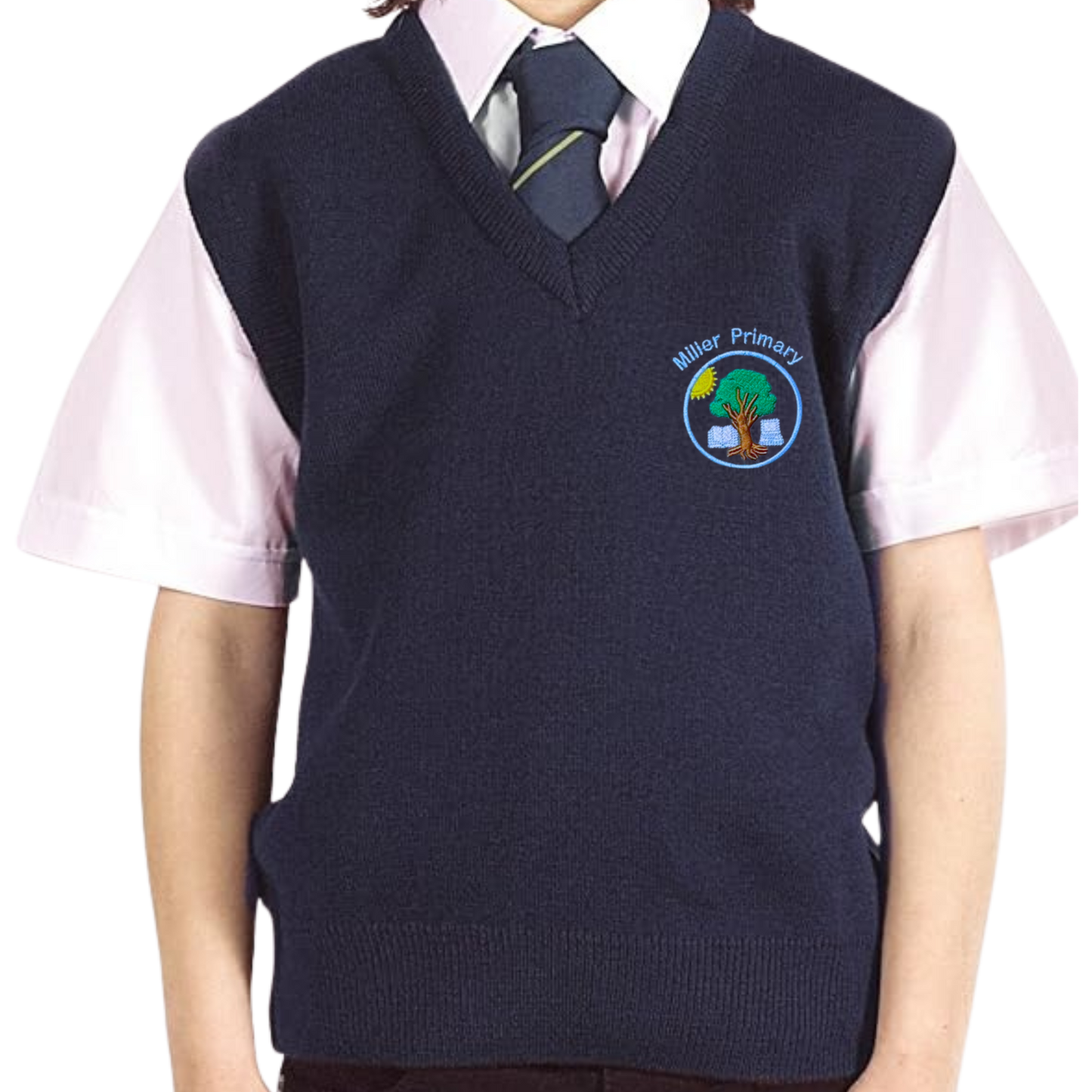 Miller Primary School | Navy V Neck Knitted Tank Top with School Badge